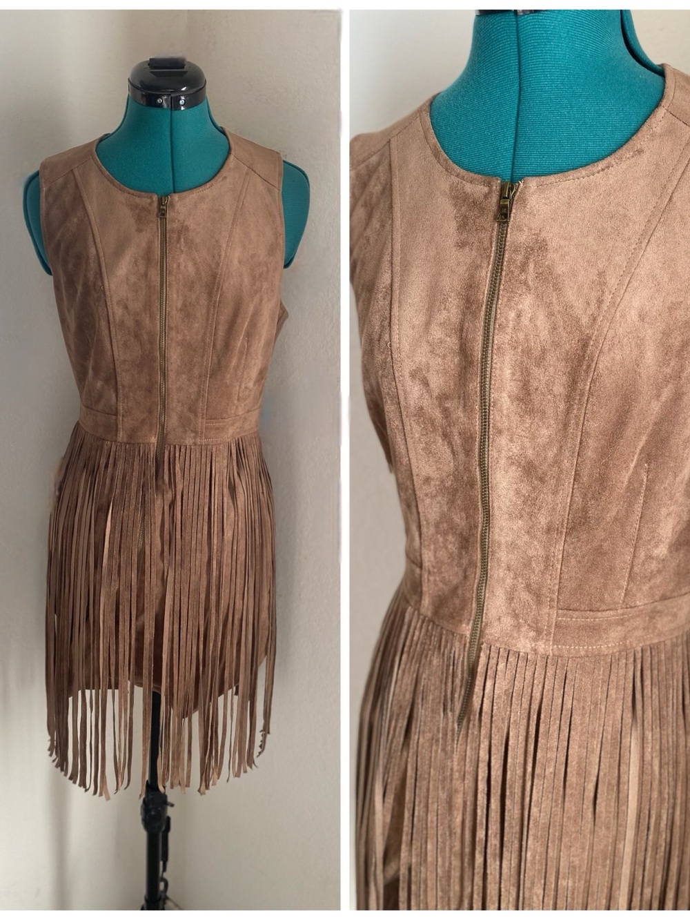 BCBGMaxAzria Taupe Fringe Faux-Suede Mini Dress Tan Brown Size 6